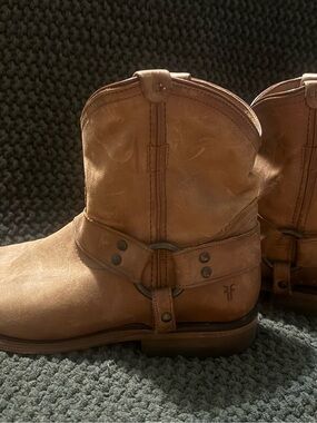 Frye Cognac Leather Harness Ankle Boots